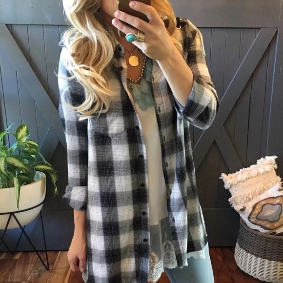 LAST ONE! Buffalo Plaid Flannel Button Up Blouse - Picture 2 of 7